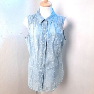 GUESS | Pastel faded blue & white stars sleevless collared button up shirt